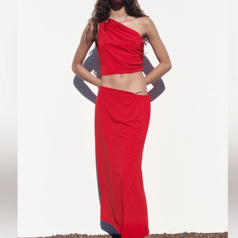 Elegant Red One-Shoulder Skirt Set